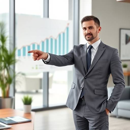 A business professional pointing at a complex financial forecast graph.