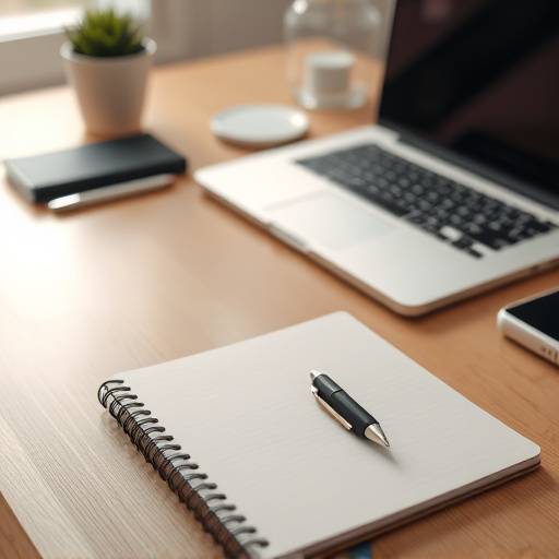 A neat workspace with a laptop, notebook, and pen, suggesting organized bookkeeping.