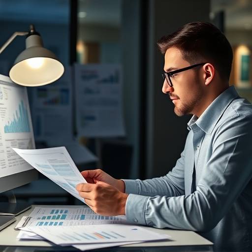 Man reviewing financial documents and charts on a desk.
