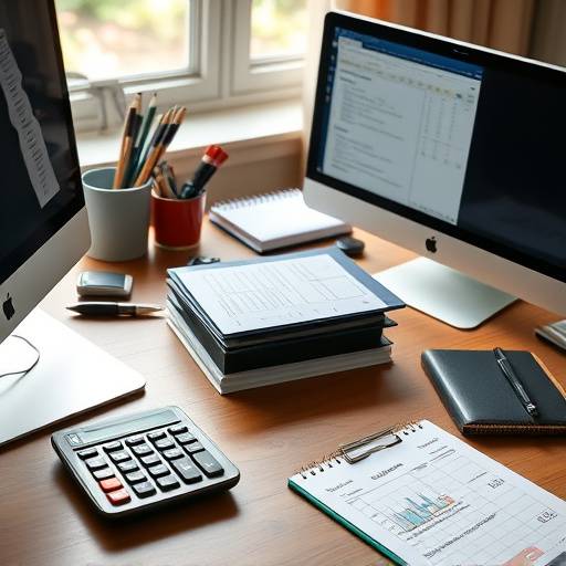 Organized desk with a ledger, calculator, and computer.